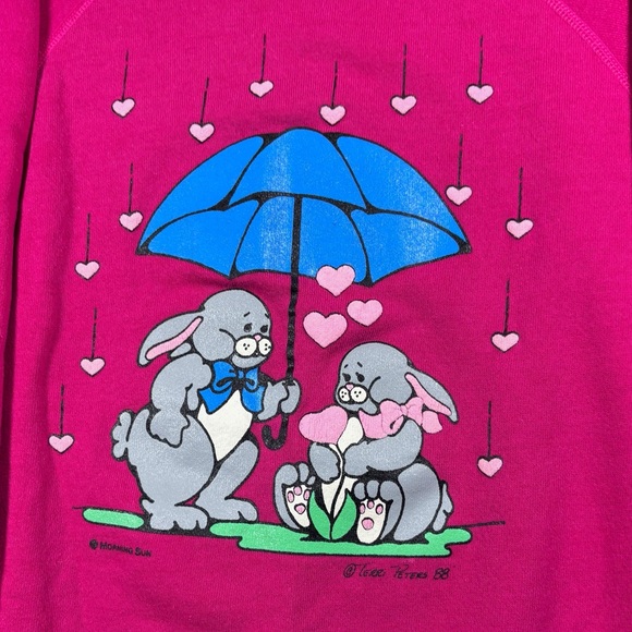 Vintage Crewneck Sweatshirt Morning Sun Bunnies Hanes Unisex Pink Size L USA 80s - Picture 3 of 5